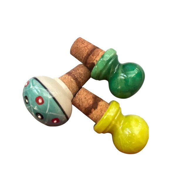 Set Of 3 Porcelain Cork Bottle Stoppers Blue Green Yellow With Unique Designs - Picture 4 of 4